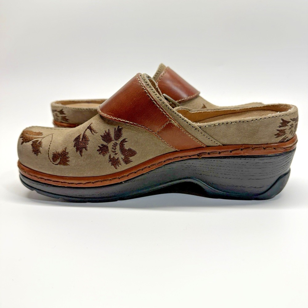 Klogs Footwear Austin Leather Shoes Women 8 W Wide Taupe Suede Leaf Vine Boho - Picture 8 of 13